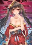  1girl azur_lane bangs bare_shoulders black_hair blush bow breasts chahei cleavage collarbone commentary eyebrows_visible_through_hair finger_to_mouth hair_between_eyes hair_bow hair_ribbon head_tilt highres japanese_clothes kimono long_hair medium_breasts off_shoulder parted_lips pleated_skirt red_eyes red_kimono red_ribbon red_skirt ribbon skirt solo striped striped_bow symbol_commentary taihou_(azur_lane) tongue tongue_out twintails very_long_hair 