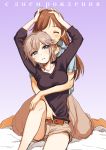  2girls anastasia_(idolmaster) bangs belt black_shirt blue_eyes blue_shirt brown_hair closed_eyes collarbone floating_hair grey_shorts hands_on_another&#039;s_head head_tilt highres hug hug_from_behind idolmaster idolmaster_cinderella_girls kneeling long_hair multiple_girls nitta_minami parted_bangs parted_lips russian sakaki_imasato shirt short_hair short_shorts short_sleeves shorts silver_hair sitting sketch sweatdrop 