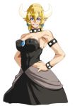  1girl abs arikawa bangs bare_shoulders black_dress blonde_hair blue_eyes blue_pupils bowsette bracelet breasts cleavage collar covered_navel covered_nipples cowboy_shot dress eyebrows_visible_through_hair grin hair_between_eyes hands_on_hips horns impossible_clothes impossible_dress jewelry large_breasts long_ponytail looking_at_viewer super_mario_bros. new_super_mario_bros._u_deluxe nintendo pointy_ears puffy_nipples shiny shiny_hair shiny_skin short_hair sidelocks smile solo spiked_bracelet spiked_collar spikes strapless strapless_dress teeth toned waist_cape 