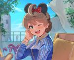  1girl ;d ahoge amusement_park animal_ears bangs black_hairband blue_shirt blue_skirt blush bow bracelet braid breasts brown_hair collared_shirt commentary_request day earrings eyebrows_visible_through_hair fake_animal_ears from_side green_eyes hair_bow hairband hand_up idolmaster idolmaster_million_live! jewelry kamille_(vcx68) lens_flare looking_at_viewer looking_to_the_side medium_breasts mickey_mouse_ears mouse_ears one_eye_closed open_mouth outdoors polka_dot polka_dot_bow red_bow round_teeth sakuramori_kaori shirt short_hair silhouette skirt smile solo_focus striped striped_shirt teeth tied_hair upper_body upper_teeth vertical-striped_shirt vertical_stripes water_drop wet wet_clothes wet_hair wet_shirt wing_collar 
