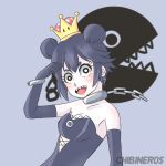  black_dress black_hair blush chain_chomp chains chibinerd double_bun dress nintendo princess_chain_chomp sharp_teeth silhouette super_crown teeth watermark 