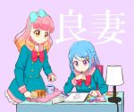  2girls aikatsu!_(series) aikatsu_friends! bangs blue_bow blue_dress blue_hair blue_hairband blunt_bangs bow braid closed_mouth cup desk desk_lamp dress eyebrows_visible_through_hair food gradient_hair hair_bow hair_ornament hairband heart holding holding_pen lamp long_sleeves minato_mio mug multicolored_hair multiple_girls notepad orange_hair pen pink_background pink_hair pink_sailor_collar purple_hair red_bow saiko_dagashi sailor_collar sailor_dress sandwich school_uniform sidelocks smile star star_hair_ornament translated tray yellow_eyes yuuki_aine 