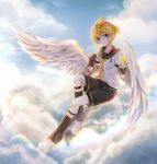  1boy absurdres angel_wings bass_clef blonde_hair blue_eyes clouds detached_sleeves feathered_wings feathers flying headset highres kagamine_len leg_warmers looking_at_viewer male_focus necktie sailor_collar shorts smile solo vocaloid white_wings wings yukkurin 