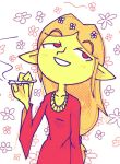  1girl blonde_hair commentary dress drugs elf english_commentary eyebrows_visible_through_hair floral_background hand_up limited_palette long_hair long_sleeves marijuana original pointy_ears pun red_dress red_eyes setz smile smoke solo 