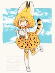  1girl :d animal_ears animal_print bare_shoulders beige_background belt black_belt blue_sky bow bowtie clenched_hands clouds cross-laced_clothes dot_nose elbow_gloves eyelashes fangs full_body gloves hands_up high-waist_skirt kemono_friends l_hakase leg_lift looking_at_viewer open_mouth orange_eyes orange_hair paw_pose print_bow print_gloves print_legwear print_neckwear print_skirt serval_(kemono_friends) serval_ears serval_print serval_tail shirt short_hair signature skirt sky sleeveless sleeveless_shirt smile solo standing standing_on_one_leg striped_tail tail tareme thigh-highs twitter_username white_footwear white_shirt zettai_ryouiki 
