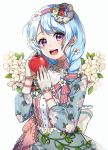  1girl :d bang_dream! bangs blue_dress blue_hair blush bow braid chyoling commentary_request dress eyebrows_visible_through_hair floral_print flower food fruit gloves hair_flower hair_ornament hair_over_shoulder hair_ribbon hairband half_gloves hands_up head_tilt holding holding_food holding_fruit long_hair long_sleeves matsubara_kanon open_mouth pink_bow pink_ribbon print_dress red_apple red_hairband ribbon rose_print round_teeth side_braid simple_background smile solo strawberry striped striped_hairband striped_ribbon teeth upper_teeth violet_eyes white_background white_flower white_gloves 