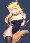  1girl :q absurdres bare_shoulders between_legs black_legwear black_leotard blonde_hair blue_background blue_eyes blush boku_koyuki_mx bowsette bracelet breasts cleavage collar collarbone commentary_request covered_navel crown earrings highres horns jewelry large_breasts leotard long_hair looking_at_viewer super_mario_bros. new_super_mario_bros._u_deluxe nintendo pointy_ears ponytail simple_background smile solo spiked_bracelet spiked_collar spikes standing super_crown tail thigh-highs tongue tongue_out 