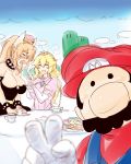  1boy 2girls armlet bare_shoulders black_dress blonde_hair bowser bowsette bracelet breasts cake collar crown dress earrings facial_hair food fork genderswap genderswap_(mtf) highres horns jewelry karakure_(kamo-nanban) large_breasts mario super_mario_bros. multiple_girls mustache new_super_mario_bros._u_deluxe nintendo overalls pink_dress plate ponytail princess_peach sharing_food sharp_teeth slice_of_cake spiked_bracelet spiked_collar spikes strapless strapless_dress strawberry_shortcake super_crown super_mario_bros. teeth v 