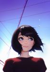  1girl artist_name black_hair blurry blurry_background bob_cut closed_mouth commentary_request depth_of_field engrish_commentary floating_hair highres ilya_kuvshinov looking_away looking_up mole mole_under_eye mole_under_mouth original outdoors pink_lips portrait red_shirt shirt short_hair smile solo 