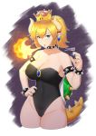  1girl bare_shoulders black_leotard blonde_hair blue_eyes bowsette bracelet breasts breathing_fire cleavage collar collarbone cropped_legs danyfoo earrings eyebrows_visible_through_hair fire hair_between_eyes hand_on_hip highleg highleg_leotard highres horns jewelry large_breasts leotard super_mario_bros. nail_polish new_super_mario_bros._u_deluxe nintendo pointy_ears signature solo spiked_armlet spiked_bracelet spiked_collar spiked_shell spiked_tail spikes super_crown thick_thighs thighs 