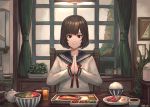  1girl akainoda bowl brown_hair cup curtains dated drink egg food food_request glass hands_together highres indoors mug original picture_frame plant plate potted_plant rice school_uniform short_hair smile table teapot upper_body window 