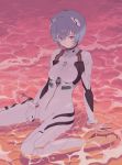  1girl ayanami_rei blue_hair bodysuit breasts highres looking_at_viewer neon_genesis_evangelion pale_skin pilot_suit plugsuit red_eyes shallow_water short_hair sitting small_breasts solo surumeri_(baneiro) turtleneck wariza water waves white_bodysuit 