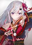  1girl absurdres ayame_nakiri bangs blood bloody_weapon glowing grey_background highres holding holding_sword holding_weapon katana long_hair looking_at_viewer multicolored_hair nanakagura oni_horns red_eyes silver_hair simple_background solo sword two-tone_hair upper_body virtual_youtuber weapon 