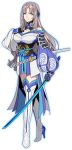  1girl armor blue_eyes boots detached_collar full_body holding holding_weapon japanese_armor japanese_clothes long_hair looking_at_viewer official_art outline reki_connect shoulder_armor smile sode solo sword thigh-highs thigh_boots tokugawa_fumika transparent_background weapon white_footwear 