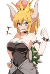  1girl absurdres bare_shoulders blonde_hair blue_eyes blush bowsette breasts cleavage comic crown dress earrings eyebrows_visible_through_hair half-closed_eyes hand_on_hip highres horns jewelry looking_at_viewer super_mario_bros. new_super_mario_bros._u_deluxe nintendo okitsugu pointy_ears ponytail sharp_teeth shell simple_background solo spiked_shell super_crown surprised sweatdrop teeth translation_request white_background 