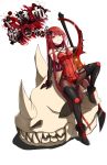 absurdres alice360 armpits blood blood_stain breasts cleavage collarbone crimson_avenger_(elsword) elesis_(elsword) elsword eyebrows_visible_through_hair glowing highres long_hair redhead sitting skull smile sword weapon white_background yellow_eyes 