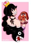  black_dress black_eyes black_hair chain_chomp chains dress goomba highres nintendo ponytail princess_chain_chomp saliva sharp_teeth super_crown sweat talwuzhere teeth 