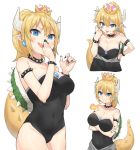  1girl :p akanbe applepie_(12711019) bangs bare_shoulders black_leotard black_nails blonde_hair blue_eyes blush bowsette bracelet breasts breathing_fire character_sheet cleavage collar covered_navel covering_mouth crossed_arms crown earrings fire gem hair_between_eyes highres jewelry large_breasts laughing leaning_forward leotard long_hair looking_at_viewer super_mario_bros. multiple_views nail_polish new_super_mario_bros._u_deluxe nintendo pointy_ears ponytail sharp_teeth simple_background smug spiked_armlet spiked_bracelet spiked_collar spiked_shell spiked_tail spikes strapless strapless_leotard super_crown teeth tongue tongue_out turtle_shell white_background 