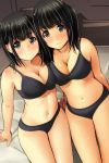  2girls bangs bare_arms bare_shoulders black_bra black_eyes black_hair black_panties blush bra breasts cleavage closed_mouth commentary_request eyebrows_visible_through_hair fingernails highres long_hair looking_at_viewer matsunaga_kouyou medium_breasts multiple_girls navel nose_blush original panties parted_lips shiny shiny_skin sitting smile underwear underwear_only 