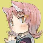  1girl animal_ears armband bangs blush closed_mouth commentary_request ebimomo eyebrows_visible_through_hair fingernails hair_ornament hairclip hands_up looking_at_viewer lowres original pink_hair portrait short_hair simple_background solo yellow_background 