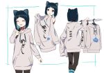  1girl :d absurdres animal_ears black_choker blue_eyes blue_hair blush brown_legwear cat_ears choker closed_eyes clothes_hanger gems_company grey_hoodie highres holding holding_microphone hood hood_down hoodie looking_at_viewer microphone mizushima_aoi_(virtual_youtuber) multiple_views open_mouth pantyhose short_hair simple_background smile standing tama_(tama-s) white_background 