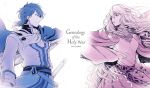  1boy 1girl blue_eyes blue_hair blush cape diadora_(fire_emblem) dress fire_emblem fire_emblem:_seisen_no_keifu fire_emblem_heroes headband lavender_hair long_hair nakabayashi_zun nintendo purple_hair short_hair sigurd_(fire_emblem) simple_background violet_eyes white_background 