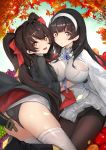  2girls asarokuji ass autumn autumn_leaves between_breasts black_hair breasts commentary_request eyebrows_visible_through_hair girls_frontline hair_ribbon hairband highres large_breasts looking_at_viewer multiple_girls panties panties_under_pantyhose pantyhose pleated_skirt qbz-95_(girls_frontline) qbz-97_(girls_frontline) ribbon skirt smile thigh-highs twintails underwear yellow_eyes 