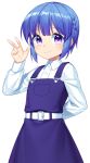 1girl arm_behind_back belt blue_hair braid closed_mouth collared_shirt copyright_request dress hand_up highres jenevan long_sleeves looking_at_viewer pinafore_dress purple_dress shirt smile solo standing transparent_background violet_eyes w white_shirt wing_collar 