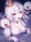  1girl artist_name boo breasts cleavage crown enepuni gloves highres looking_at_viewer luigi&#039;s_mansion super_mario_bros. medium_breasts new_super_mario_bros._u_deluxe nintendo open_mouth princess_king_boo puffy_short_sleeves puffy_sleeves purple_tongue red_eyes short_sleeves super_crown tongue tongue_out upper_body white_gloves white_hair 