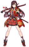  1girl ankle_boots boots braid brown_hair crown_braid full_body gloves gun long_hair looking_at_viewer oda_azumi official_art outline over_shoulder red_eyes reki_connect rifle sheath sheathed smile solo sword transparent_background weapon weapon_over_shoulder white_gloves 