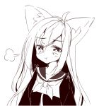  1girl :t animal_ear_fluff animal_ears bangs closed_mouth collarbone eyebrows_visible_through_hair flower_knot fox_ears fox_girl greyscale hair_between_eyes jacket long_hair monochrome neckerchief original pout sailor_collar sidelocks simple_background tandohark upper_body white_background 