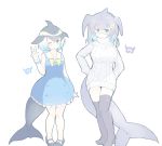 2girls ;d absurdres arms_behind_back blue_dress blue_eyes blue_hair blue_whale_(kemono_friends) boots commentary common_dolphin_(kemono_friends) dolphin_tail dress eyebrows_visible_through_hair fins glasses grey_footwear grey_hair hair_ornament hairclip highres japari_symbol kanzakietc kemono_friends looking_at_viewer multicolored_hair multiple_girls one_eye_closed open_mouth ribbed_sweater sailor_dress simple_background sleeveless sleeveless_dress smile sweater tail thigh-highs thigh_boots turtleneck turtleneck_sweater v whale_tail_(animal_tail) white_background white_sweater wristband