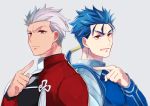  2boys archer bberry blue_hair clenched_teeth closed_mouth earrings fate/stay_night fate_(series) frown glaring grey_background grey_eyes grey_hair jewelry lancer long_hair looking_at_viewer male_focus multiple_boys pointing ponytail red_eyes scowl simple_background teeth upper_body 