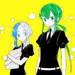  2others arms_at_sides belt black_neckwear black_shirt blue_eyes blue_hair clipboard closed_mouth dandelion euclase_(houseki_no_kuni) expressionless flower gem_uniform_(houseki_no_kuni) green_eyes green_hair hair_between_eyes hair_rings houseki_no_kuni jade_(houseki_no_kuni) l_hakase long_hair looking_at_viewer multicolored_hair multiple_others necktie puffy_short_sleeves puffy_sleeves shirt short_sleeves signature smile tareme twitter_username two-tone_hair uniform upper_body very_long_hair white_belt white_hair wing_collar yellow_background 