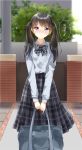  1girl absurdres bag black_eyes black_hair blurry blurry_background blush bow bowtie commentary_request eyebrows_visible_through_hair highres long_skirt long_sleeves looking_at_viewer original outdoors pentagon_(railgun_ky1206) plaid plaid_skirt shirt skirt smile solo striped_neckwear translated twintails v_arms white_shirt 