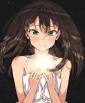  1girl bare_shoulders black_background black_hair dress earrings erere green_eyes hair_between_eyes idolmaster idolmaster_cinderella_girls jewelry light long_hair shibuya_rin shine!! simple_background smile solo white_dress 