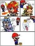  2boys boo bowser bowsette breathing_fire collar comic fire highres horns luigi&#039;s_mansion male_focus mario super_mario_bros. multiple_boys new_super_mario_bros._u_deluxe nintendo princess_king_boo short_sleeves silent_comic spiked_collar spikes super_crown thinking transformation 