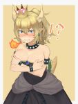  !? 1girl @_@ absurdres bangs bare_shoulders black_dress blonde_hair blue_earrings blue_eyes blush border bowsette bracelet breasts breathing_fire brooch cleavage clenched_teeth collar constricted_pupils covering covering_breasts cowboy_shot deep_skin dress earrings eyebrows_visible_through_hair fire hair_between_eyes highres horns jewelry looking_at_viewer super_mario_bros. new_super_mario_bros._u_deluxe nintendo nose_blush outside_border pointy_ears ponytail sharp_teeth short_hair sidelocks simple_background solo spiked_bracelet spiked_collar spiked_shell spiked_tail spikes strapless strapless_dress super_crown tan_background teeth toima_(beat0829) waist_cape white_border 
