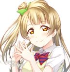  1girl anibache bangs blush bow bowtie brown_hair character_name dated green_hair hair_bow happy_birthday long_hair looking_at_viewer love_live! love_live!_school_idol_project minami_kotori one_side_up red_neckwear short_sleeves smile solo steepled_fingers striped_neckwear sweater_vest upper_body yellow_eyes 
