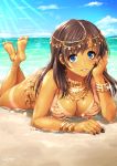 1girl ass bangle bangs bare_legs barefoot beach bikini black_nails blue_eyes blue_sky bracelet breasts brown_hair circlet cleavage clouds collarbone commentary_request crossed_ankles day eyebrows_visible_through_hair fate/grand_order fate_(series) feet_up gold gold_trim hand_on_head head_rest highres jewelry long_hair looking_at_viewer lying mata_hari_(fate/grand_order) nail_polish necklace ocean on_stomach open_mouth outdoors parted_lips partially_submerged sakiyamama sand sidelocks signature sky smile solo sunlight swimsuit swimsuit_tan tan tanline the_pose water wet 