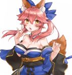  1girl animal_ear_fluff animal_ears bangs bare_shoulders blue_bow blue_kimono blush bow breasts brown_eyes cleavage commentary_request detached_sleeves eyebrows_visible_through_hair fang fate/extra fate_(series) fingernails fox_ears fox_girl fox_shadow_puppet fox_tail hair_between_eyes hair_bow japanese_clothes kimono large_breasts long_hair long_sleeves looking_at_viewer obi open_mouth pink_hair sash shiao sidelocks simple_background solo strapless tail tail_raised tamamo_(fate)_(all) tamamo_no_mae_(fate) twintails white_background wide_sleeves 