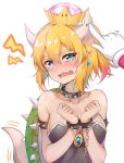  1boy 1girl absurdres bare_shoulders blonde_hair blue_eyes bowsette breasts cleavage gloves highres horns large_breasts mario super_mario_bros. new_super_mario_bros._u_deluxe nintendo ponytail short_hair sunhyun super_crown tail tail_wagging teeth white_gloves 