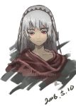  1girl altera_(fate) bangs blunt_bangs closed_mouth collarbone commentary_request dark_skin eyebrows_visible_through_hair fate/grand_order fate_(series) grey_hair headdress highres looking_at_viewer partial_commentary red_eyes red_scarf scarf short_hair simple_background solo tan ten_no_hoshi veil 