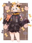  1girl :d abigail_williams_(fate/grand_order) bangs black_bow black_jacket blonde_hair blue_eyes blush bow cropped_legs crossed_bandaids eyebrows_visible_through_hair fate/grand_order fate_(series) hair_bow hair_bun hands_up heroic_spirit_traveling_outfit highres jacket key lizi13896363898 long_hair long_sleeves open_mouth orange_bow parted_bangs polka_dot polka_dot_bow sleeves_past_fingers sleeves_past_wrists smile solo star stuffed_animal stuffed_toy teddy_bear 