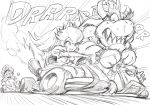  bowser bracelet commentary_request crown dress driving elbow_gloves flat_cap gloves go_kart graphite_(medium) greyscale hair_between_eyes hat highres horns jewelry long_hair mario mario_kart monochrome murata_yuusuke onomatopoeia open_mouth pinky_out ponytail princess_peach puffy_short_sleeves puffy_sleeves sharp_teeth short_sleeves simple_background sketch smile speed_lines spiked_armlet spiked_bracelet spiked_shell spikes sweat teeth traditional_media v-shaped_eyebrows white_background 