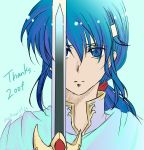  1boy blue_eyes blue_hair cape celice_(fire_emblem) fire_emblem fire_emblem:_seisen_no_keifu headband holding holding_sword holding_weapon intelligent_systems long_hair looking_at_viewer nintendo solo sword weapon 
