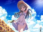  1girl :d armpits blue_bow blue_sky bow breasts clouds day dress eyebrows_visible_through_hair floating_hair flower frilled_dress frills from_below green_eyes hat holding idolmaster idolmaster_cinderella_girls idolmaster_cinderella_girls_starlight_stage kobayakawa_sae long_hair medium_breasts open_mouth outdoors rainbow silver_hair sky sleeveless sleeveless_dress smile solo sparkle standing strapless strapless_dress sun_hat sundress sunflower sunlight sutoroa very_long_hair white_dress yellow_flower 