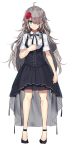  1girl absurdres ahoge aosaki_yukina arm_at_side bangs black_footwear black_ribbon collared_shirt commentary_request corset eyebrows_visible_through_hair flower full_body green_eyes grey_hair hair_flower hair_ornament hair_over_one_eye highres long_hair looking_at_viewer neck_ribbon original red_flower red_rose ribbon rose shirt short_sleeves simple_background sketch smile solo standing strappy_heels striped striped_shirt swept_bangs vertical-striped_shirt vertical_stripes very_long_hair white_background 