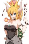  1girl absurdres bare_shoulders blonde_hair blue_eyes blush bowsette breasts cleavage comic crown dress earrings eyebrows_visible_through_hair fang fire half-closed_eyes hand_on_hip highres horns jewelry looking_at_viewer super_mario_bros. new_super_mario_bros._u_deluxe nintendo okitsugu pointy_ears ponytail shell simple_background smile solo spiked_shell super_crown white_background 