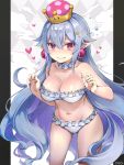  1girl artist_name bikini blue_hair blush breasts choker closed_mouth collarbone commentary_request crown earrings embarrassed fang frilled_bikini frills heart heart-shaped_pupils highres jewelry large_breasts long_hair looking_at_viewer luigi&#039;s_mansion super_mario_bros. new_super_mario_bros._u_deluxe nintendo nose_blush osa_(osaosa) pillarboxed pointy_ears princess_king_boo red_eyes solo standing super_crown swimsuit symbol-shaped_pupils very_long_hair white_bikini white_choker 